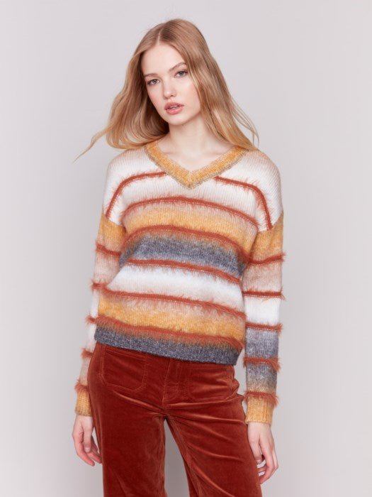 Striped Eyelash Space Dye Sweater - Amber - Blue Sky Fashions & Lingerie