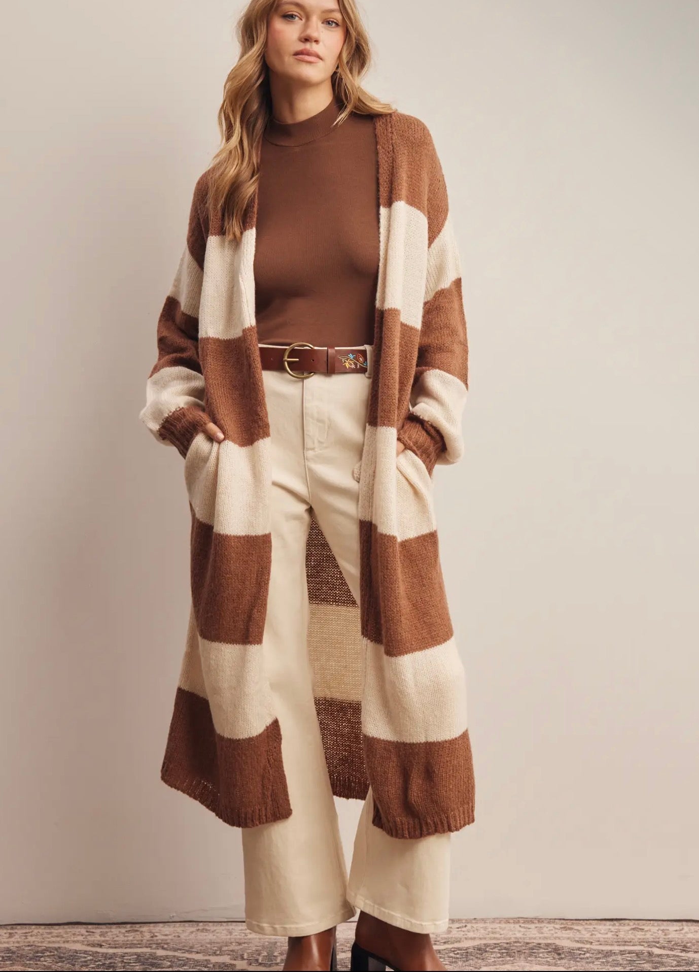 Striped Longline Knit Cardigan - Caramel - Blue Sky Fashions & Lingerie