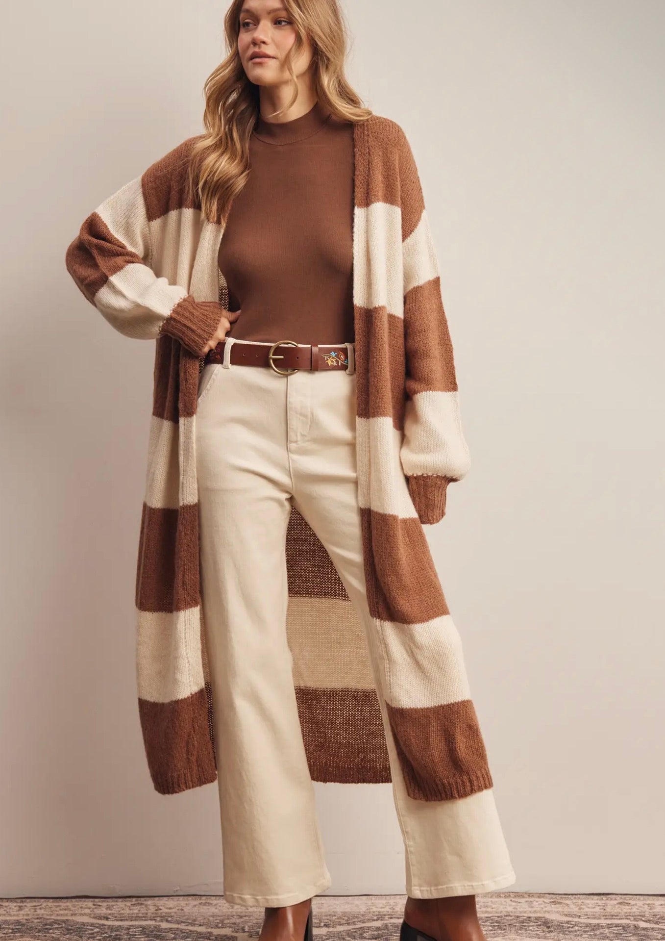 Striped Longline Knit Cardigan - Caramel - Blue Sky Fashions & Lingerie