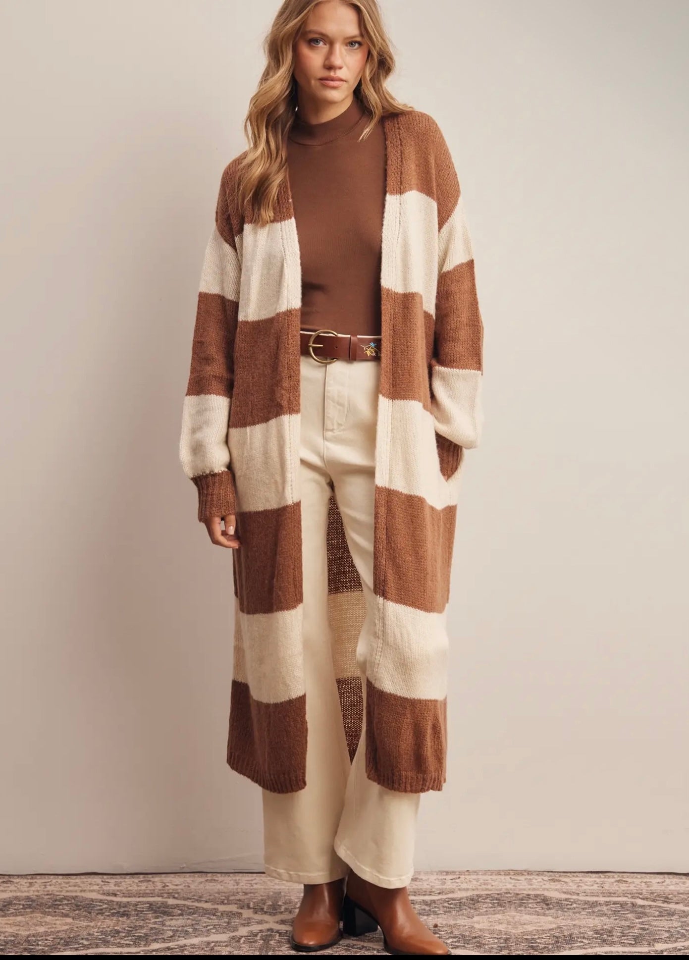 Striped Longline Knit Cardigan - Caramel - Blue Sky Fashions & Lingerie