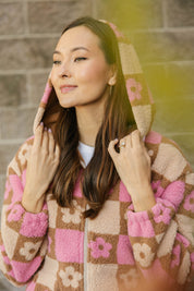 TEDDY FLORAL HOODED JACKET IN LIGHT PINK/OATMEAL - Blue Sky Fashions & Lingerie