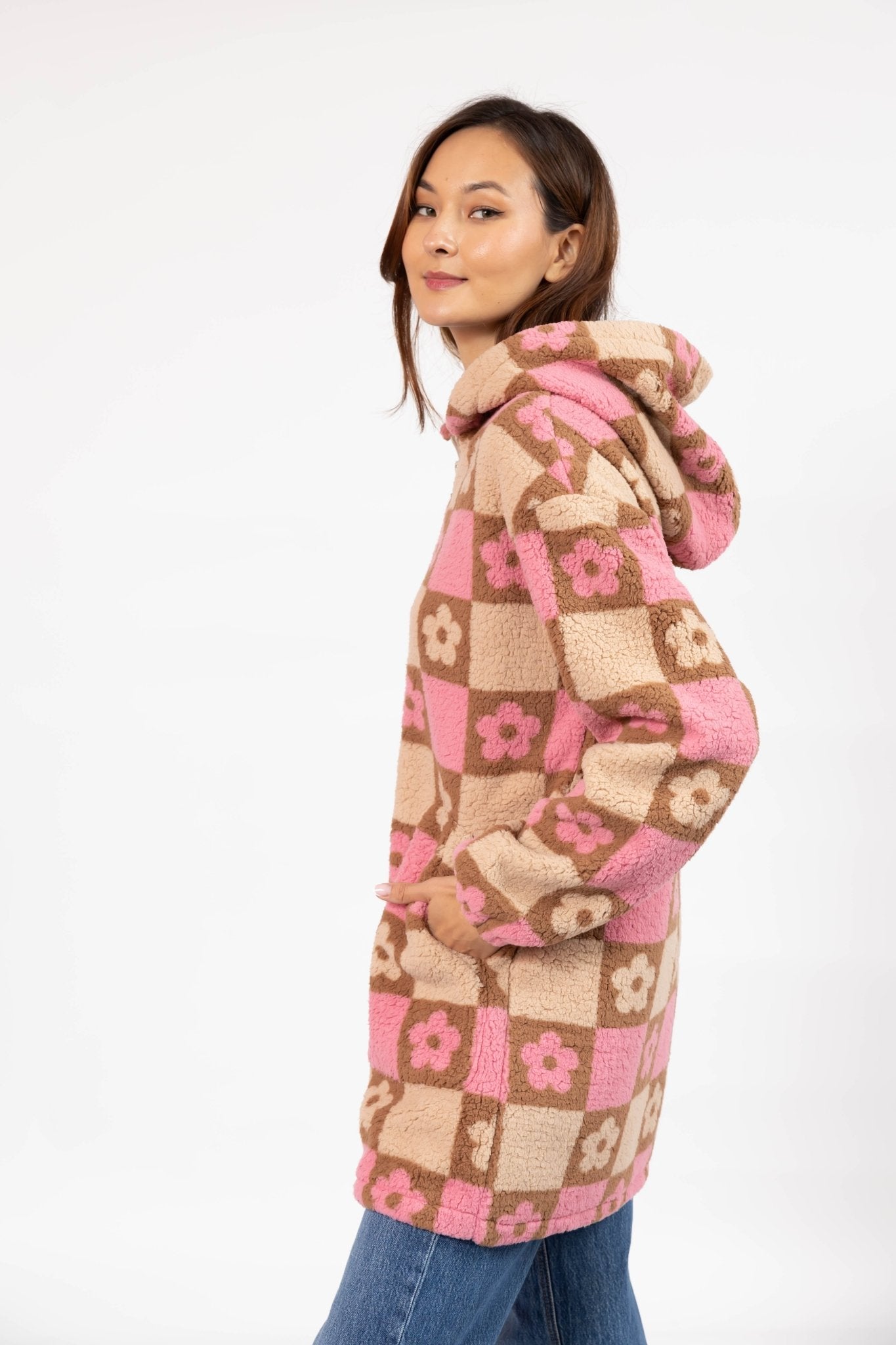 TEDDY FLORAL HOODED JACKET IN LIGHT PINK/OATMEAL - Blue Sky Fashions & Lingerie