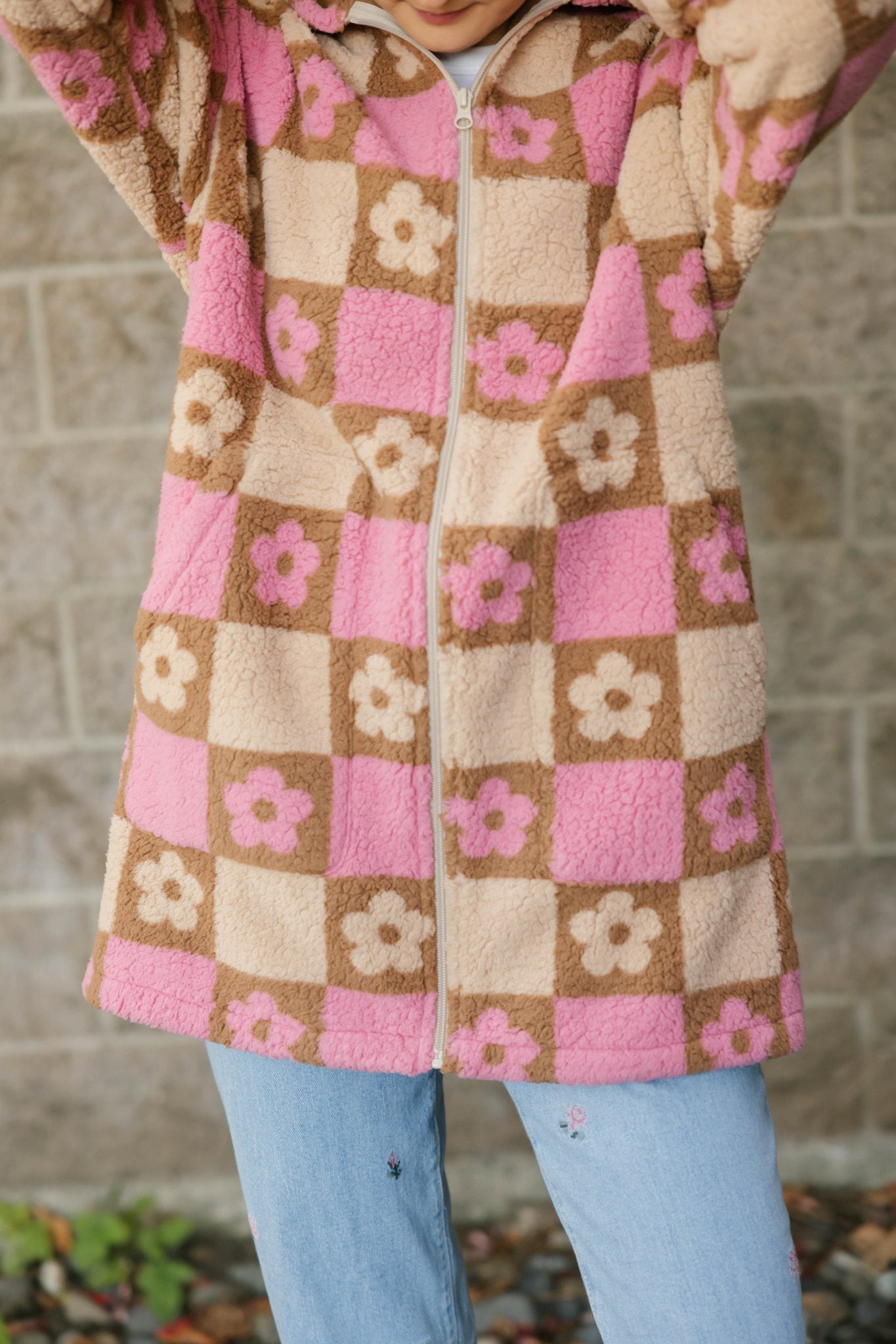 TEDDY FLORAL HOODED JACKET IN LIGHT PINK/OATMEAL - Blue Sky Fashions & Lingerie