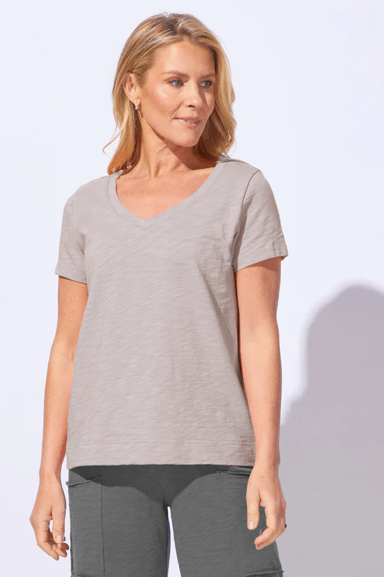 Textured Peruvian Cotton Base V Neck Tee - Fog - Blue Sky Fashions & Lingerie