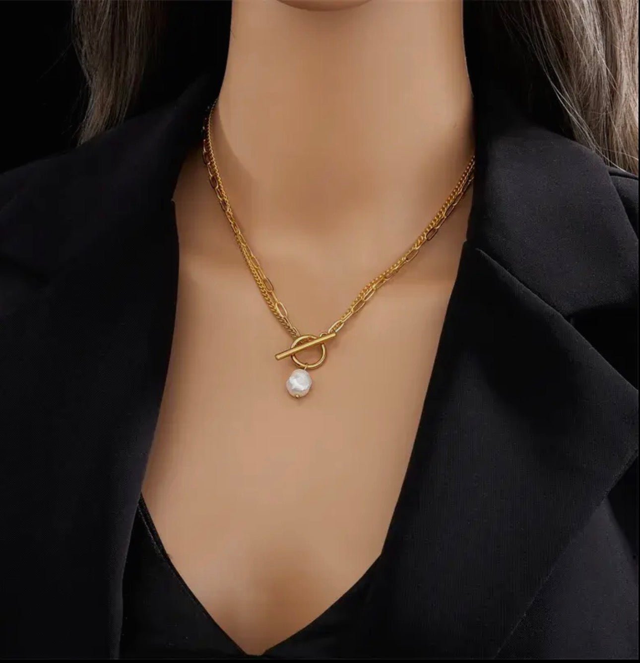 Titanium Steel Layered Necklace with Freshwater Pearl - Blue Sky Fashions & Lingerie