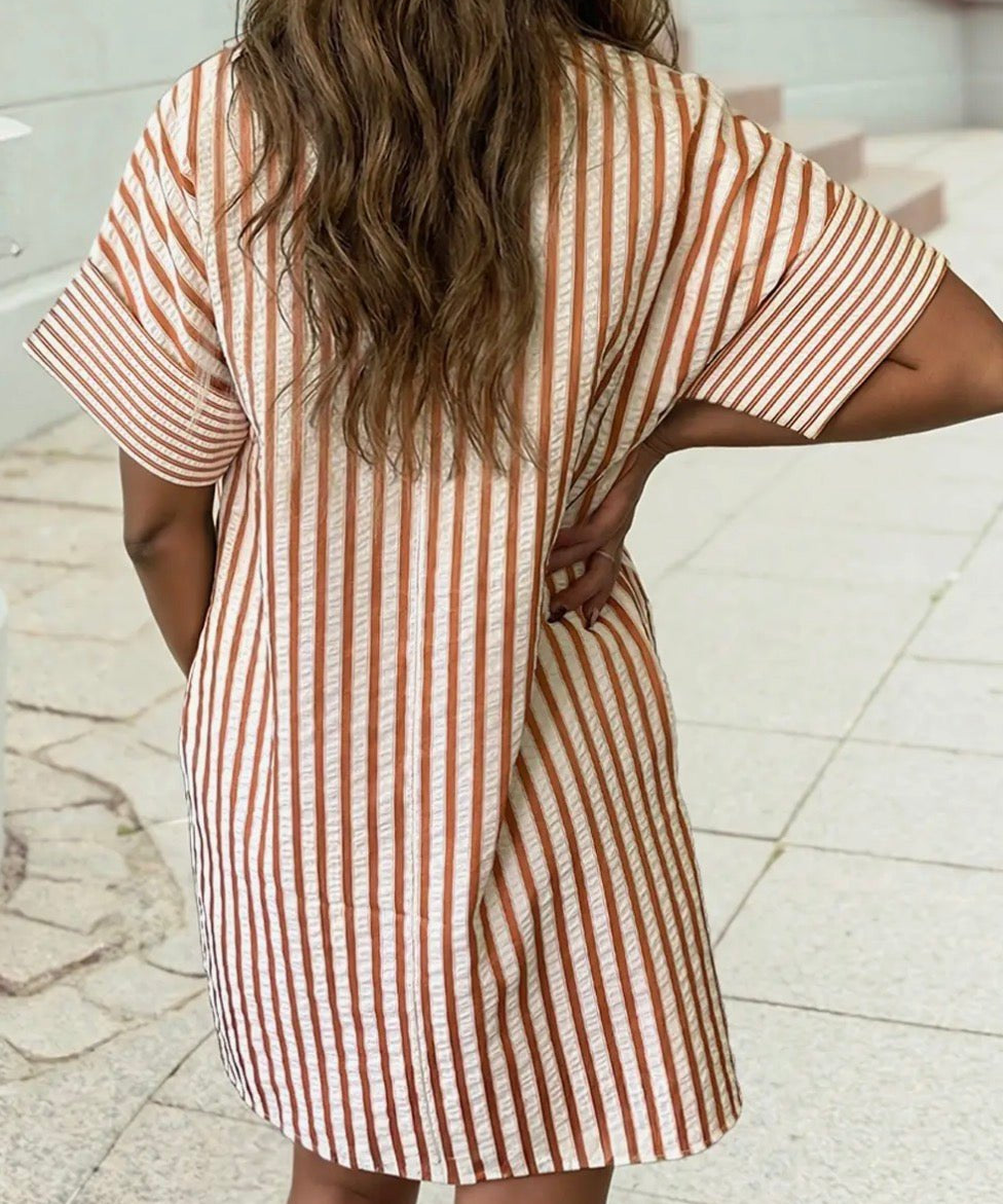 V Neck Turn-Up Cuffs Striped Shift Mini Dress - Blue Sky Fashions & Lingerie