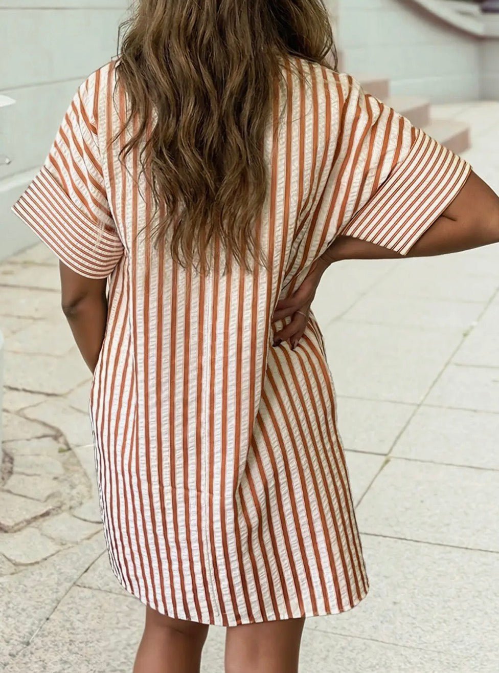 V Neck Turn-Up Cuffs Striped Shift Mini Dress - Blue Sky Fashions & Lingerie