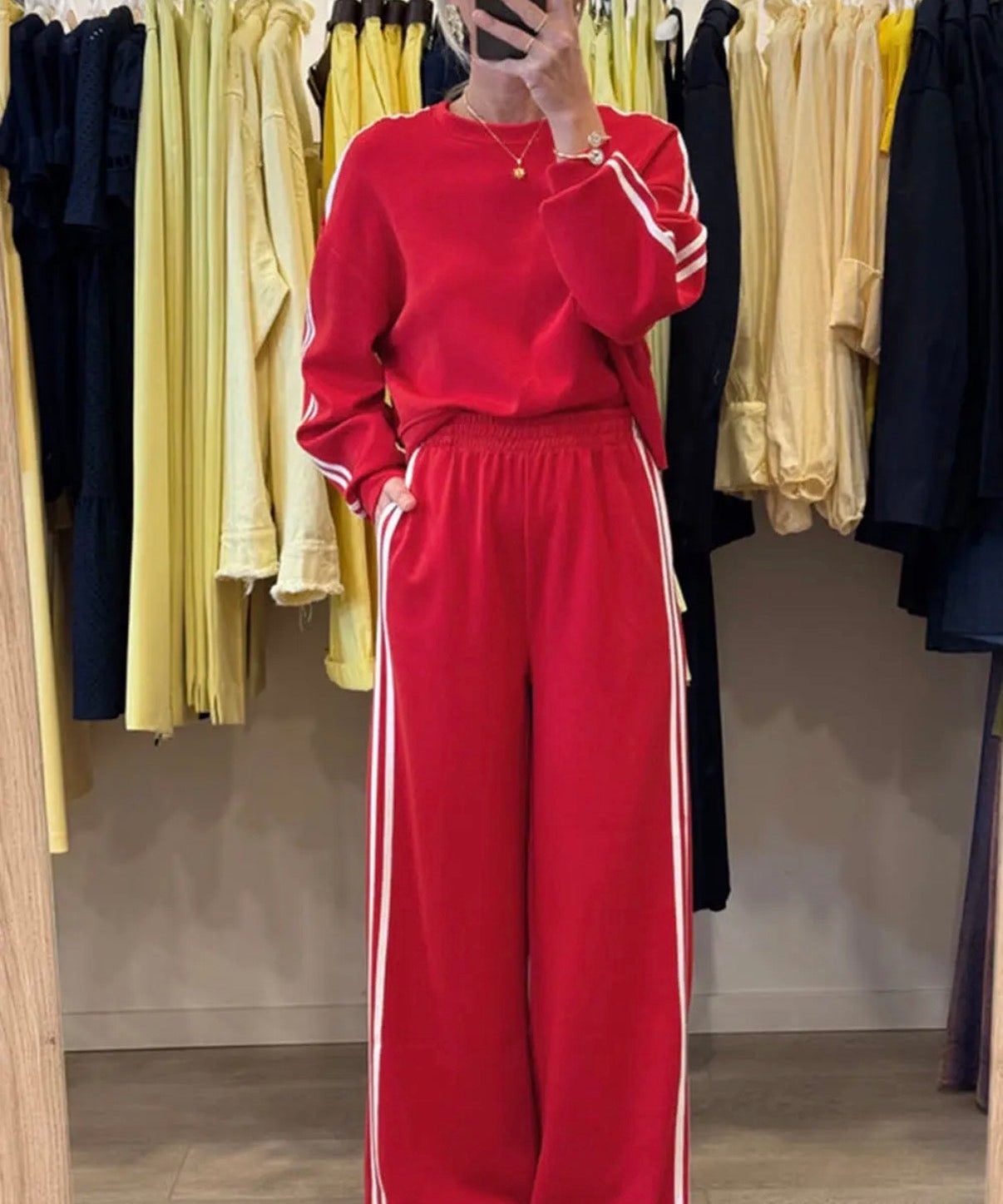 Varsity Striped Detail Crewneck Pullover Elastic Sweatpants 2pcs Outfit - Fiery Red - Blue Sky Fashions & Lingerie
