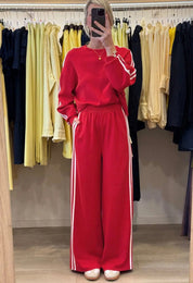 Varsity Striped Detail Crewneck Pullover Elastic Sweatpants 2pcs Outfit - Fiery Red - Blue Sky Fashions & Lingerie