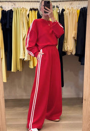 Varsity Striped Detail Crewneck Pullover Elastic Sweatpants 2pcs Outfit - Fiery Red - Blue Sky Fashions & Lingerie