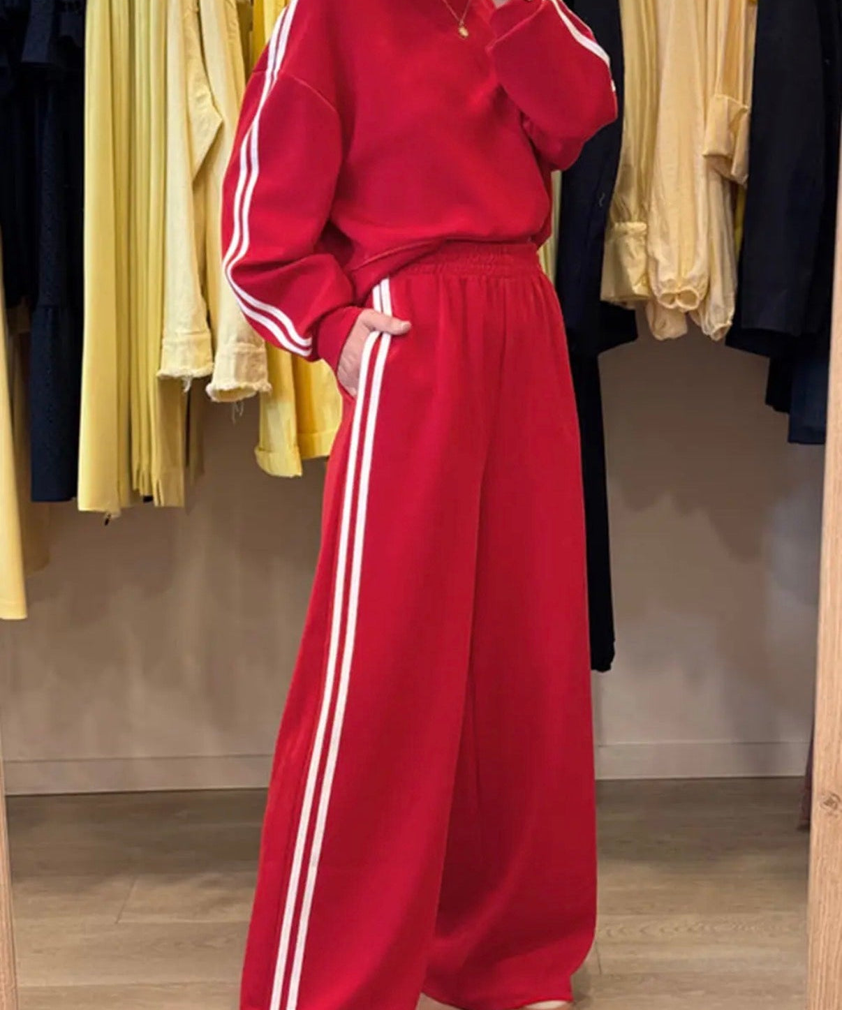 Varsity Striped Detail Crewneck Pullover Elastic Sweatpants 2pcs Outfit - Fiery Red - Blue Sky Fashions & Lingerie