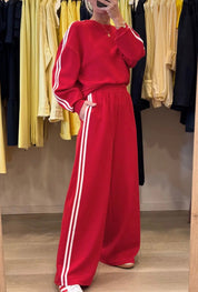 Varsity Striped Detail Crewneck Pullover Elastic Sweatpants 2pcs Outfit - Fiery Red - Blue Sky Fashions & Lingerie