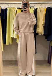 Varsity Striped Detail Crewneck Pullover Elastic Sweatpants 2pcs Outfit - Oat - Blue Sky Fashions & Lingerie