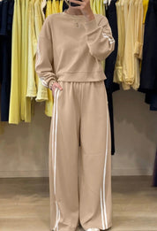 Varsity Striped Detail Crewneck Pullover Elastic Sweatpants 2pcs Outfit - Oat - Blue Sky Fashions & Lingerie