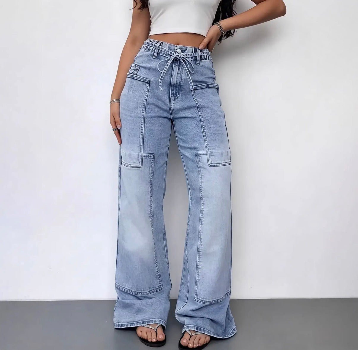 Washed Denim Cargo Jeans High Rise Wide Leg with Pocket Detail - Blue Sky Fashions & Lingerie
