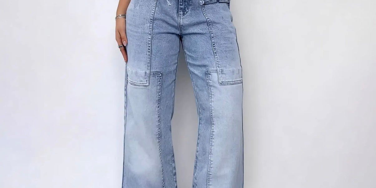 Washed Denim Cargo Jeans High Rise Wide Leg with Pocket Detail - Blue Sky Fashions &amp; Lingerie