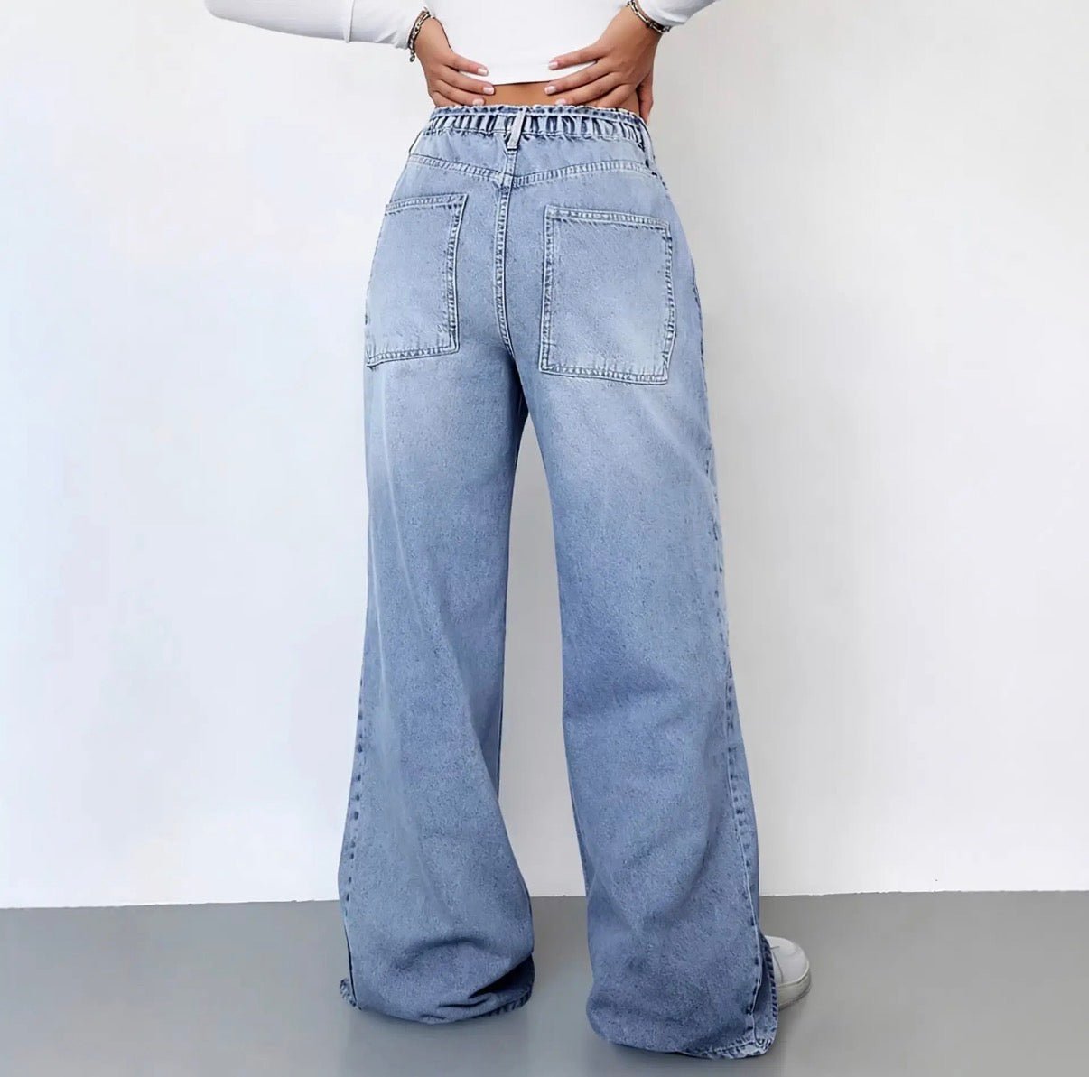 Washed Denim Cargo Jeans High Rise Wide Leg with Pocket Detail - Blue Sky Fashions & Lingerie