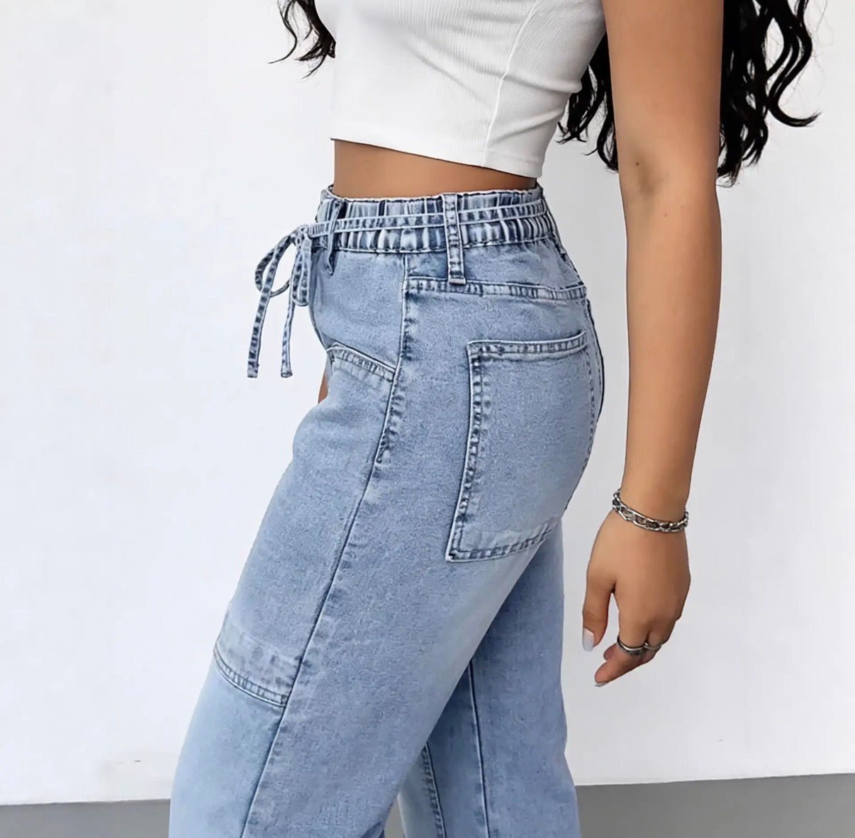 Washed Denim Cargo Jeans High Rise Wide Leg with Pocket Detail - Blue Sky Fashions & Lingerie