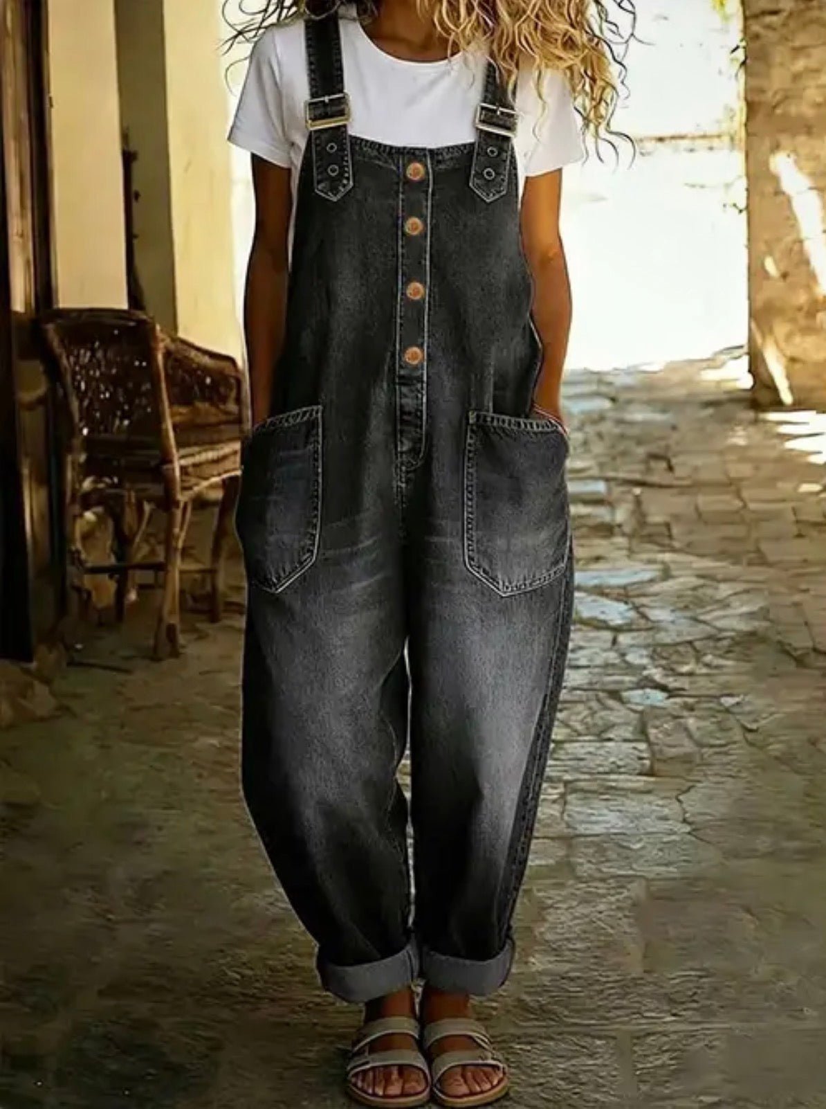 Washed Denim Overalls Adjustable Strap Relaxed Fit - Blue Sky Fashions & Lingerie