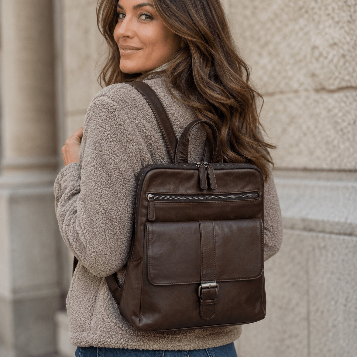 Wax Oil Cowhide Leather Backpack with Adjustable Strap F-9015 - dark brown - Blue Sky Fashions & Lingerie