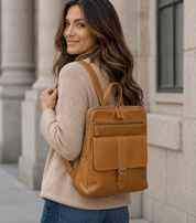 Wax Oil Cowhide Leather Backpack with Adjustable Strap F-9015 - light brown - Blue Sky Fashions & Lingerie