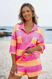 Women’s Striped Half Zip Oversize Tee Casual Shorts 2pcs Set - Blue Sky Fashions & Lingerie