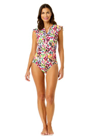 Blossom Flutter Sleeve Zip Up Rash Guard One Piece Swimsuit - Blue Sky Fashions & Lingerie