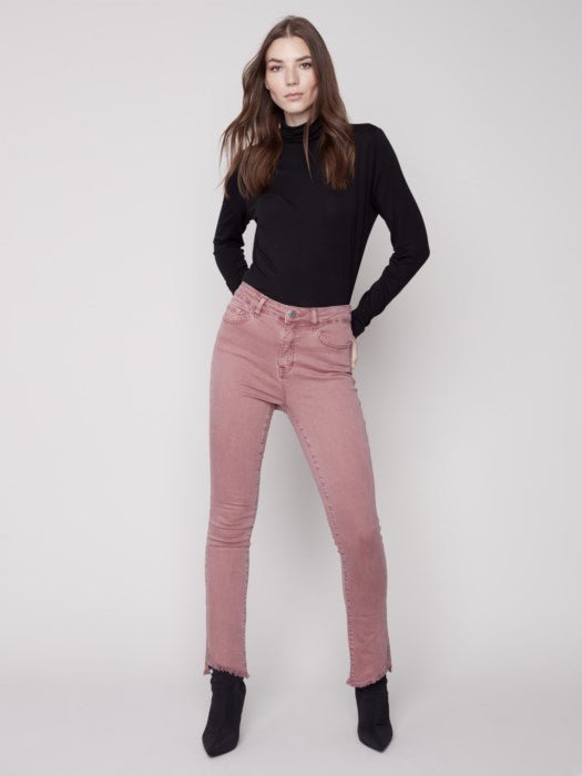 Bootcut Twill Pants with Asymmetrical Fringed Hem - Raspberry - Blue Sky Clothing & Lingerie