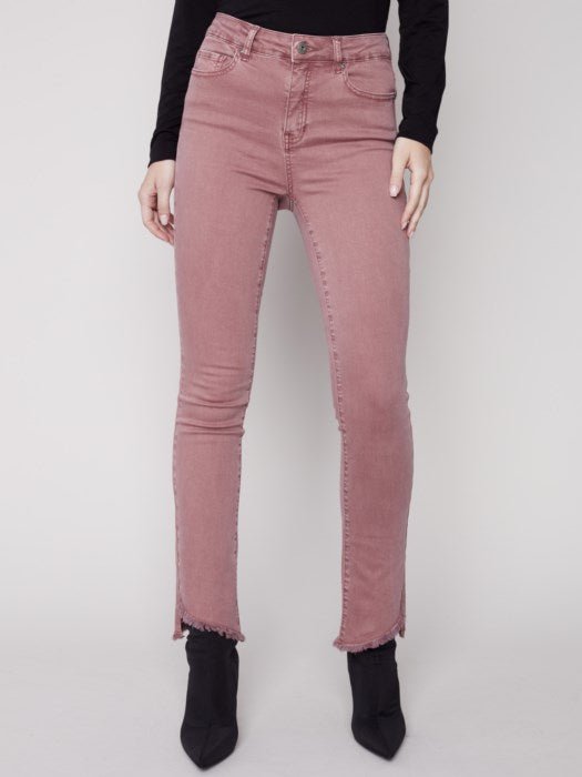 Bootcut Twill Pants with Asymmetrical Fringed Hem - Raspberry - Blue Sky Clothing & Lingerie