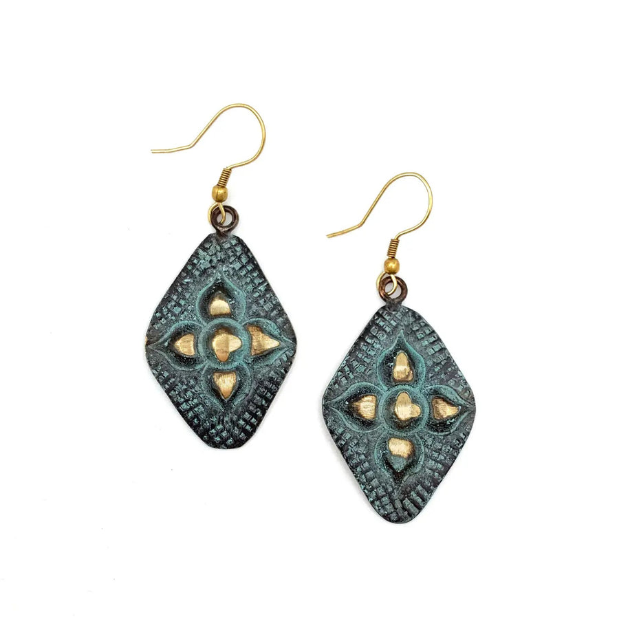 Brass Patina Earrings - Aqua Diamonds with Arabic Flowers - Blue Sky Fashions & Lingerie