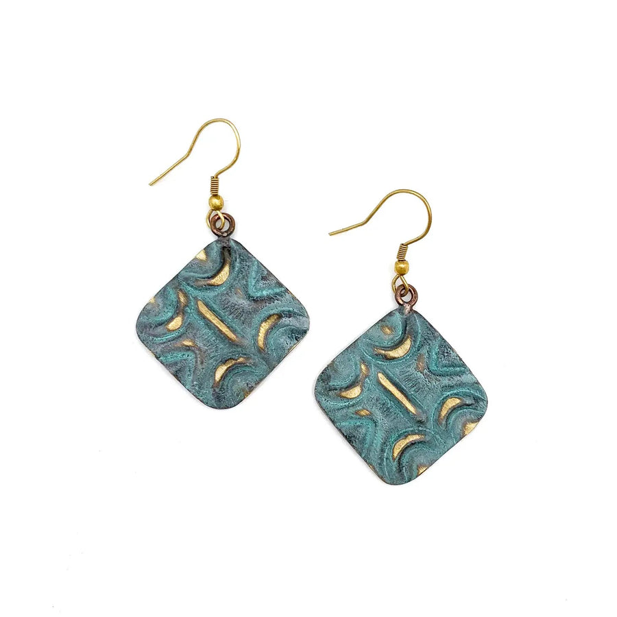 Brass Patina Earrings - Aqua Squares with Moons and Lines - Blue Sky Fashions & Lingerie