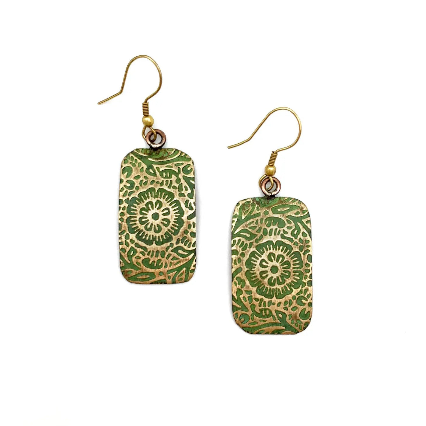 Brass Patina Earrings - Chartreuse Floral Scrollwork - Blue Sky Fashions & Lingerie