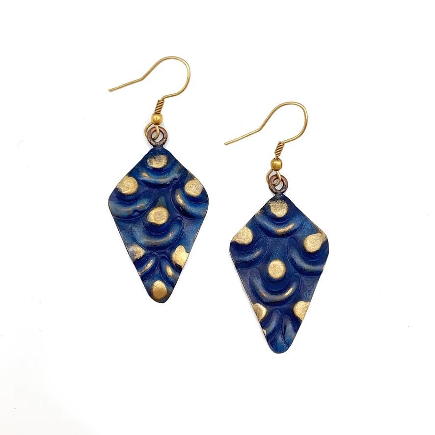 Brass Patina Earrings - Cobalt Blue Diamonds with Brass Dots - Blue Sky Fashions & Lingerie