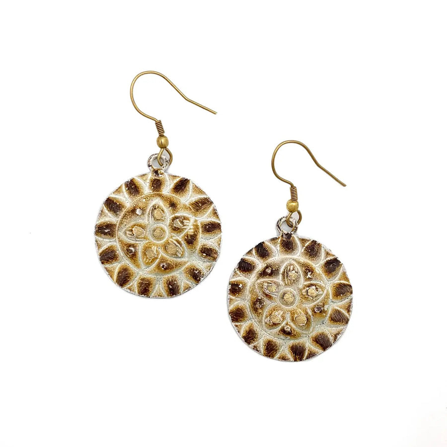 Brass Patina Earrings - Warm Brown and White Flower Circles - Blue Sky Fashions & Lingerie