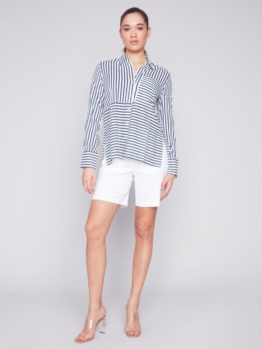 Button-Down Rayon Linen Blend Shirt- navy - Blue Sky Fashions & Lingerie