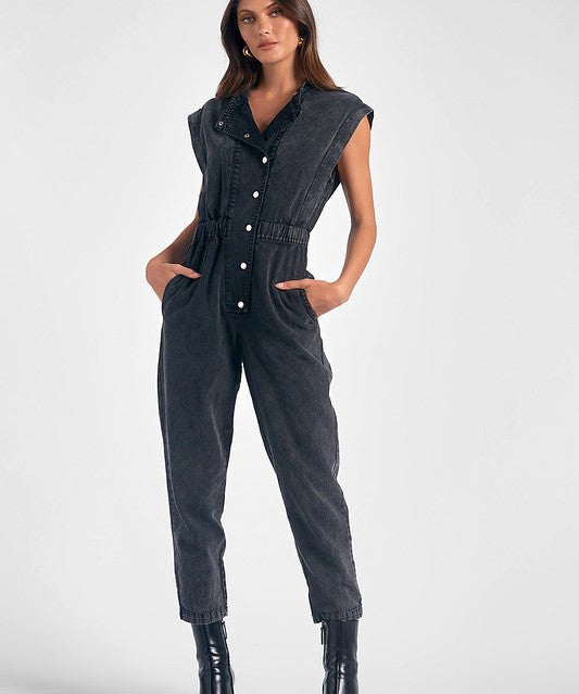 Cap sleeve denim jumpsuit - black - Blue Sky Clothing & Lingerie