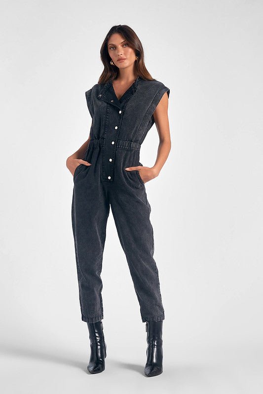 Cap sleeve denim jumpsuit - black - Blue Sky Clothing & Lingerie