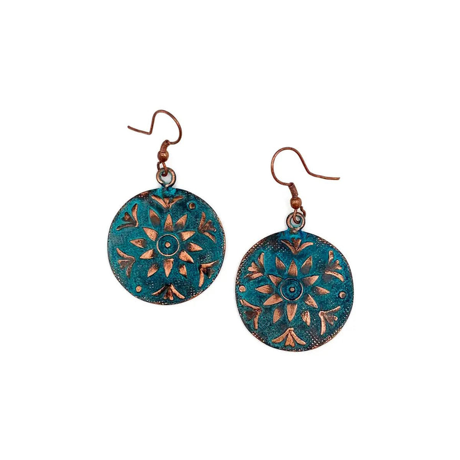 Copper Patina Earrings - Teal Sun Flower Circle - Blue Sky Fashions & Lingerie