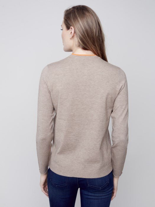 Crew neck Sweater with Diagonal Zipper Detail - truffle - Blue Sky Clothing & Lingerie