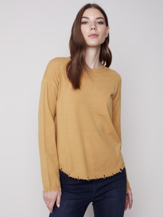 Crew Neck Sweater with Frayed Edge - Gold - Blue Sky Clothing & Lingerie