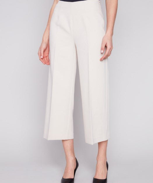 Cropped Wide Leg Pants with side zip - beige - Blue Sky Fashions & Lingerie