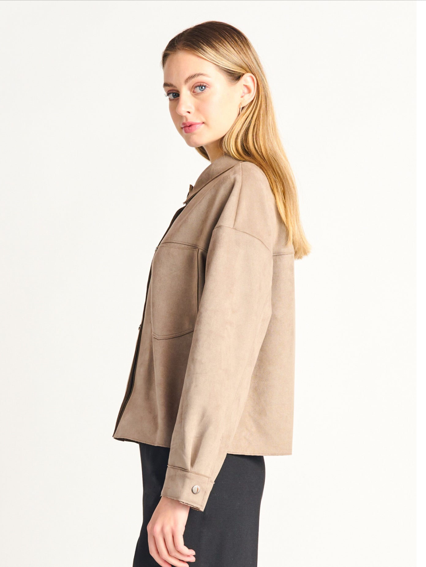 Faux suede snap front jacket - taupe - Blue Sky Clothing & Lingerie