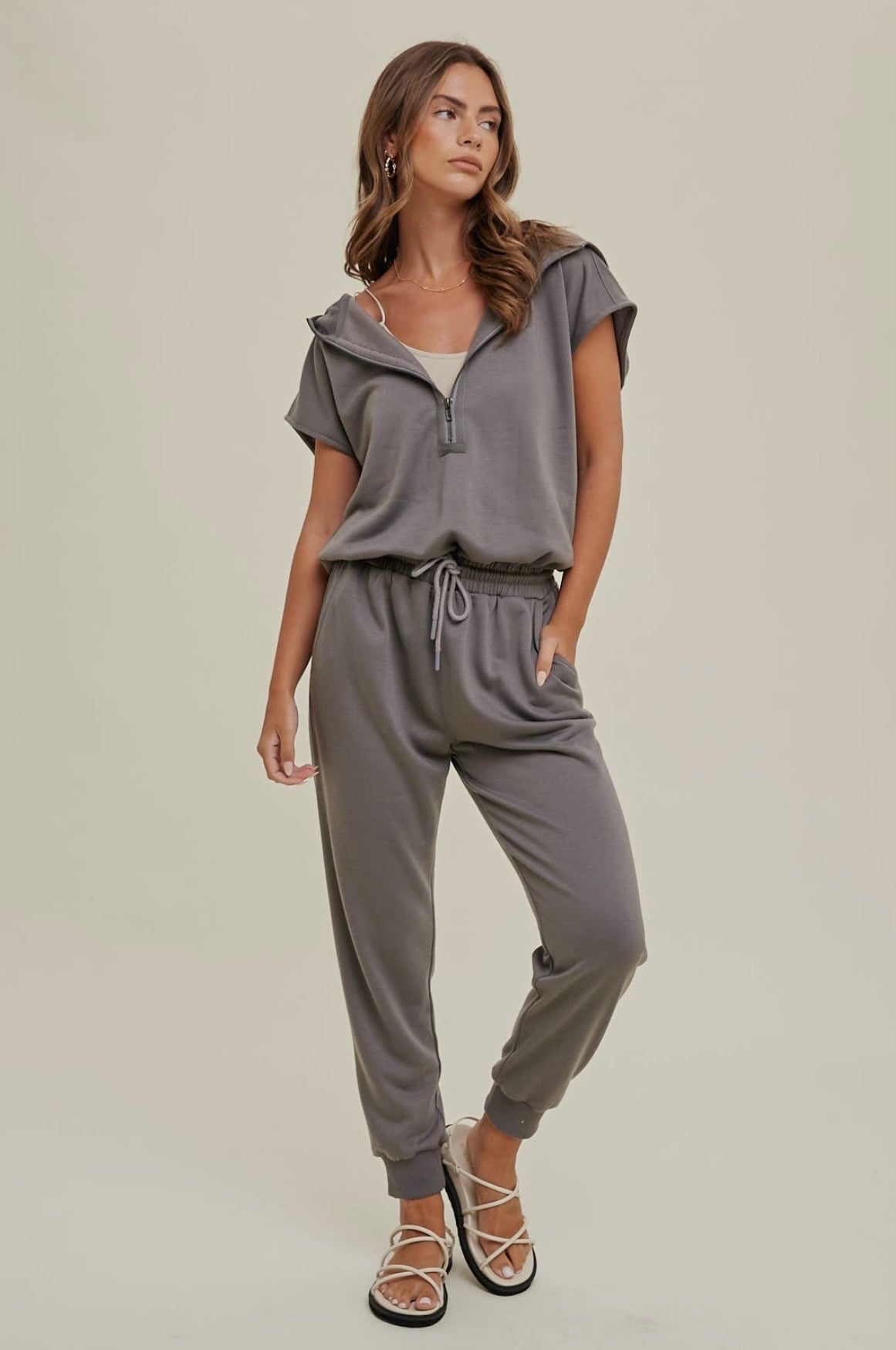 French Terry hooded jumpsuit by Wishlist Apparel - charcoal - Blue Sky Fashions & Lingerie