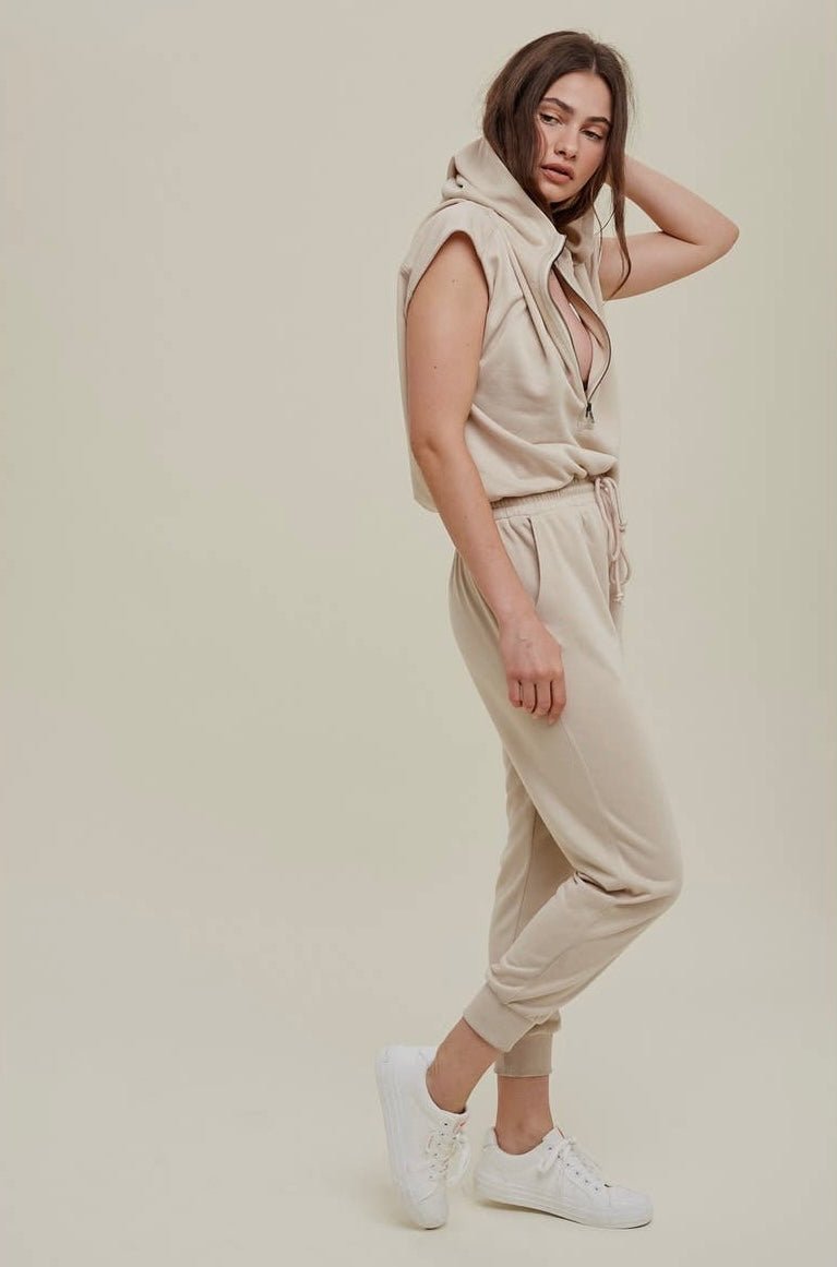 French Terry hooded jumpsuit by Wishlist Apparel - taupe