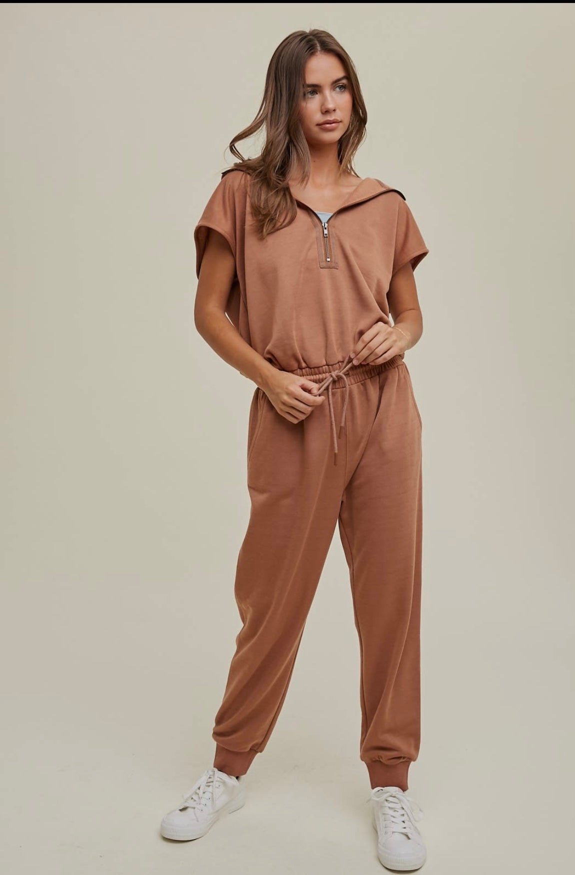 French Terry hooded jumpsuit by Wishlist Apparel - terracotta - Blue Sky Fashions & Lingerie