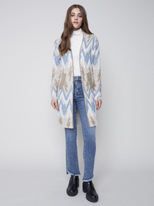 Long Jacquard Knit Cardigan - Denim - Blue Sky Clothing & Lingerie