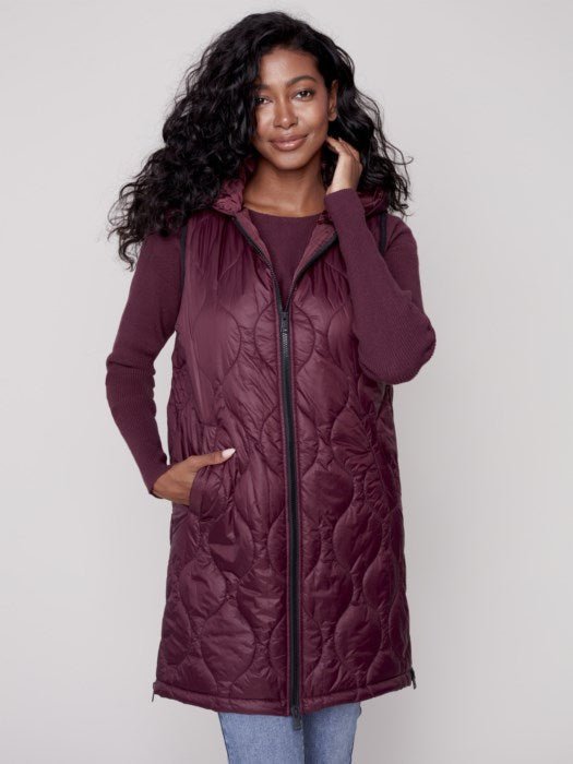 Long Quilted Vest with Hood - port - Blue Sky Clothing & Lingerie