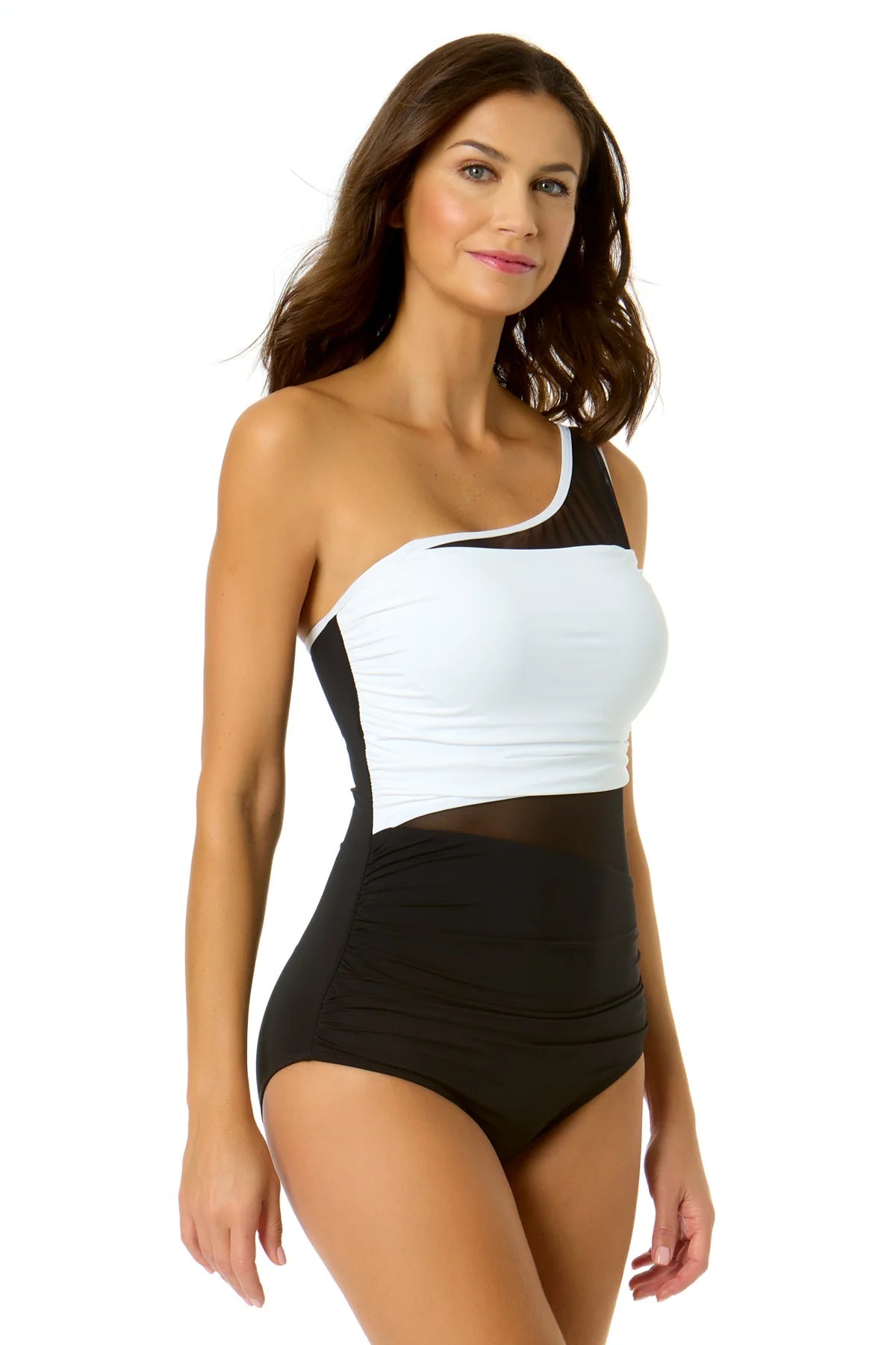 Mesh Around Mesh Asymmetric Shirred One-Shoulder One Piece Swimsuit - Blue Sky Fashions & Lingerie