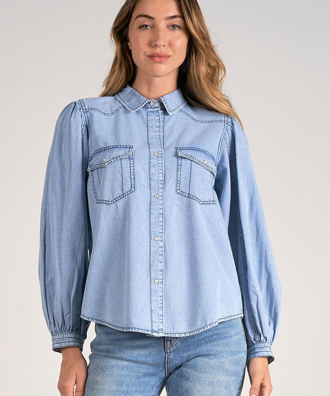 Puff Long Sleeve Button Down Denim Shirt - Blue Sky Fashions & Lingerie