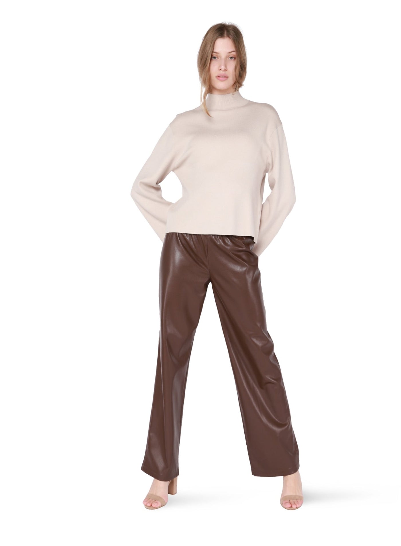 Pull on wide leg faux leather pants by Black Tape - milk chocolate brown - Blue Sky Fashions & Lingerie